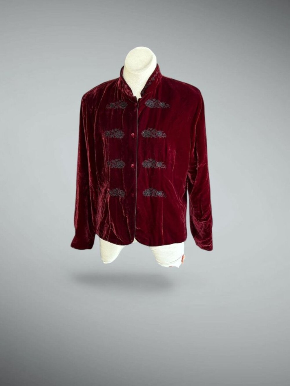 Alexandra Bartlett Burgundy Red Embroidered Velvet Jacket Asian Style Size XL